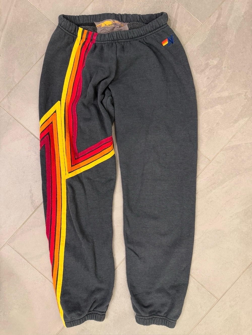 Aviator Nation Rainbow Bolt Sweatpants Charcoal Gray Joggers Size M
